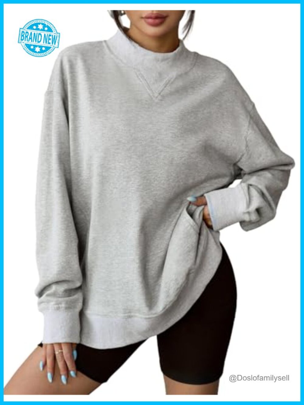 Oversized Mock Neck Sweatshirt Tunic Pullover Cotton Side Slit Pocket